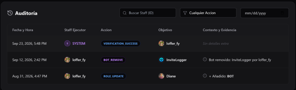 Registro de auditoría y eventos en Diane