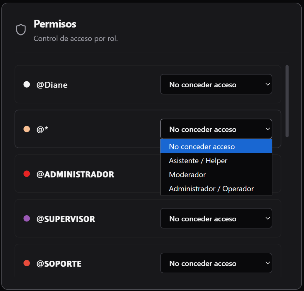 Configuración de permisos y roles en Diane